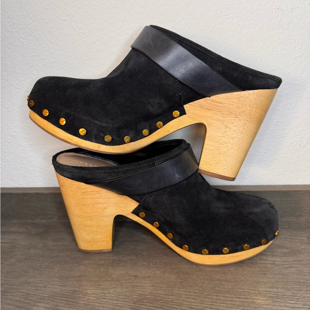 NEW Veronica Beard Black Suede Darcy Mule/Clog Wood Platform Gold Studs - Picture 4 of 10